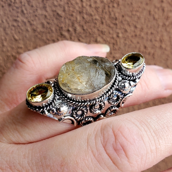 New Rough Golden Rutile and Citrine 925 Silver Statement Ring. - Picture 8 of 12